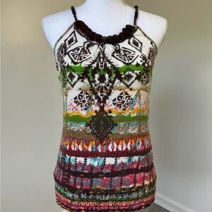 Almost Famous Women’s Beaded Halter Top Size M Boho Tribal Print Summer Festival